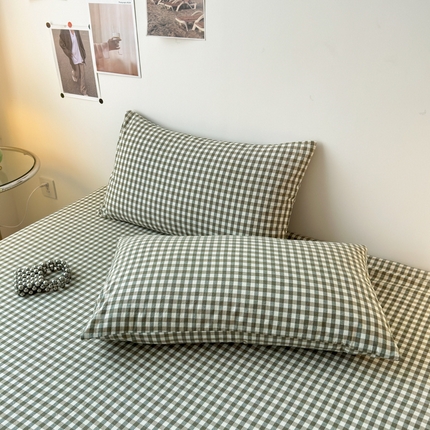 清雅福 2025新款全棉A类水洗棉单枕套 绿小格