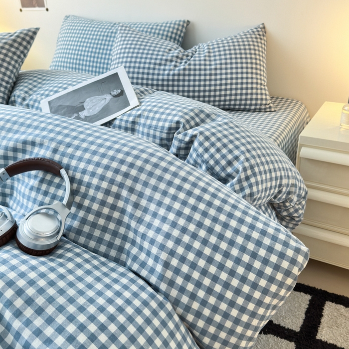 91家纺网 家纺一手货源 找家纺 清雅福 2025新款全棉A类水洗棉单枕套 蓝小格