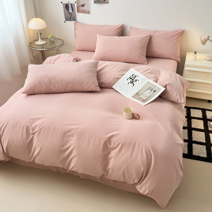 91家纺网 家纺一手货源 找家纺 清雅福 2024新款全棉A类水洗棉四件套单被套 简约-藕粉