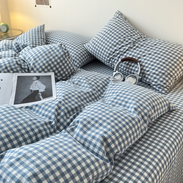91家纺网 家纺一手货源 找家纺 清雅福 2024新款全棉A类水洗棉四件套单被套 蓝小格