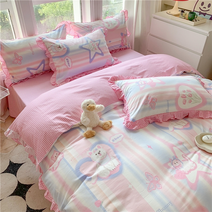 91家纺网 家纺一手货源 找家纺 玉元坊 2025新款春夏公主风花边被套床裙款全棉纯棉四件套三件套 奶油小狗