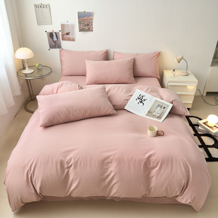 91家纺网 家纺一手货源 找家纺 清雅福 2024新款全棉A类水洗棉四件套单被套 简约-藕粉