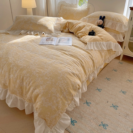 91家纺网 家纺一手货源 找家纺 瑞莱 2025全棉色织三层纱提花四件套-夜雨朦胧系列 夜雨朦胧-浅黄