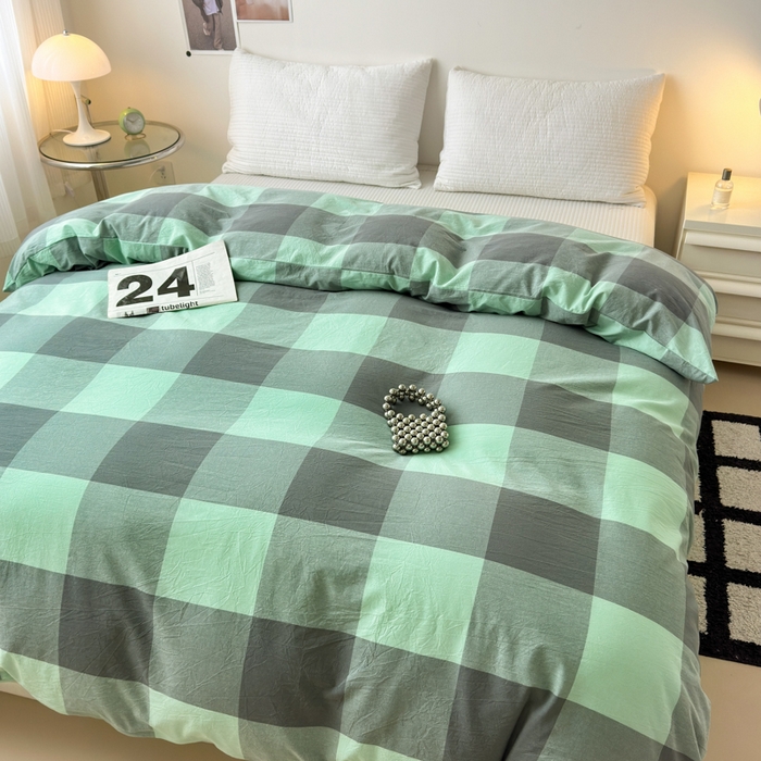 91家纺网 家纺一手货源 找家纺 清雅福 2024新款全棉A类水洗棉四件套单被套 绿大格