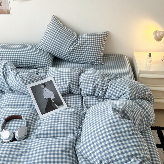 91家纺网 家纺一手货源 找家纺 清雅福 2025新款全棉A类水洗棉单枕套 蓝小格