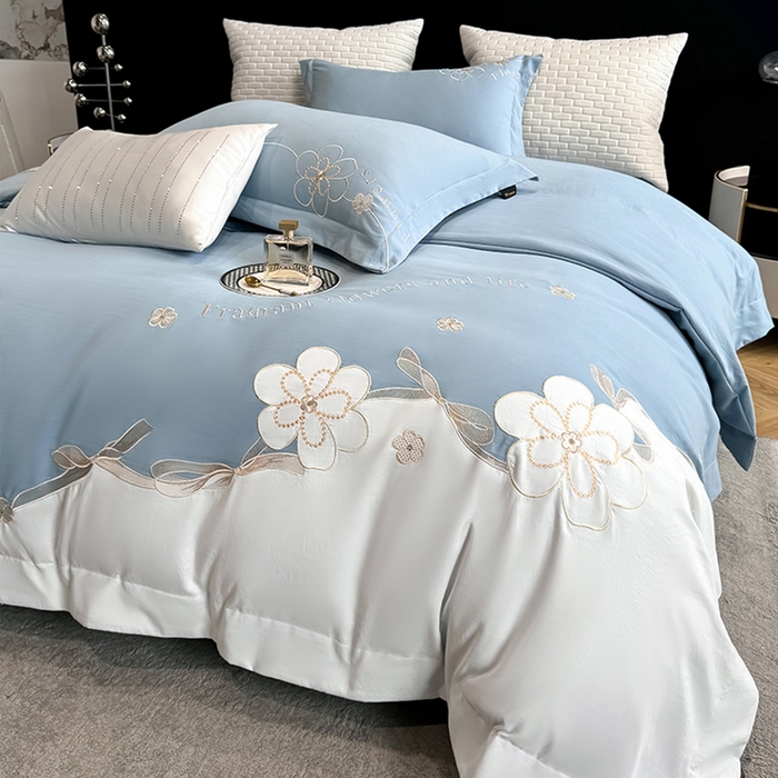 91家纺网 家纺一手货源 找家纺 棠颂家纺 2025新款亲肤精纺棉刺绣四件套（礼盒款） 艾琳--蓝