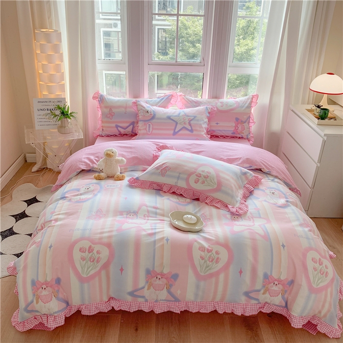 91家纺网 家纺一手货源 找家纺 玉元坊 2025新款春夏公主风花边被套床裙款全棉纯棉四件套三件套 奶油小狗