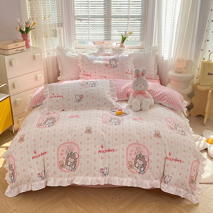 91家纺网 家纺一手货源 找家纺 玉元坊 2025新款春夏公主风花边被套床裙款全棉纯棉四件套三件套 公主兔