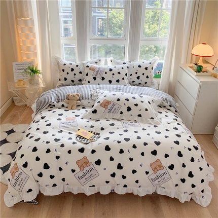 玉元坊 2025新款春夏公主风花边被套床裙款全棉纯棉四件套三件套 爱心小熊