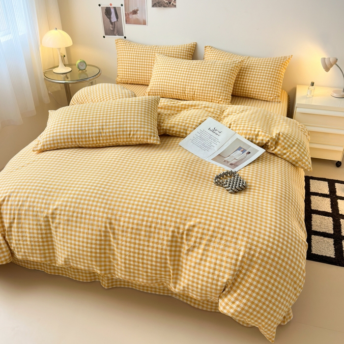 91家纺网 家纺一手货源 找家纺 清雅福 2024新款全棉A类水洗棉四件套单被套 小格-黄