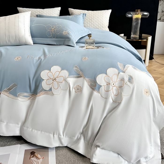 91家纺网 家纺一手货源 找家纺 棠颂家纺 2025新款亲肤精纺棉刺绣四件套（礼盒款） 艾琳--蓝