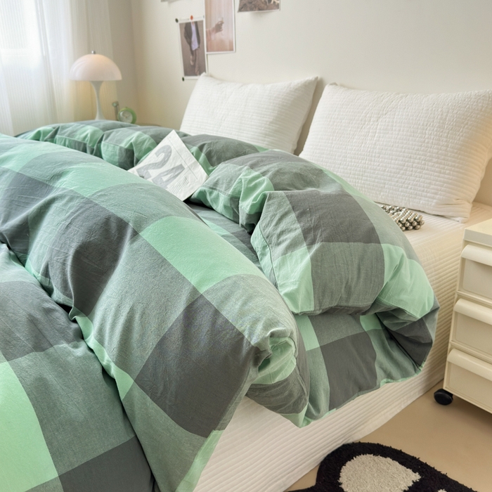 91家纺网 家纺一手货源 找家纺 清雅福 2024新款全棉A类水洗棉四件套单被套 绿大格