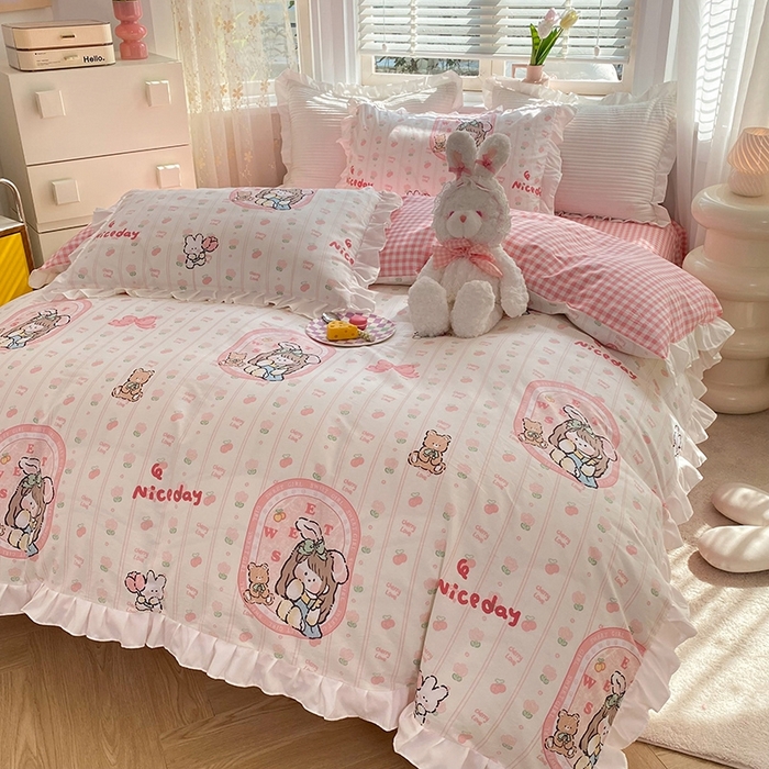 91家纺网 家纺一手货源 找家纺 玉元坊 2025新款春夏公主风花边被套床裙款全棉纯棉四件套三件套 公主兔