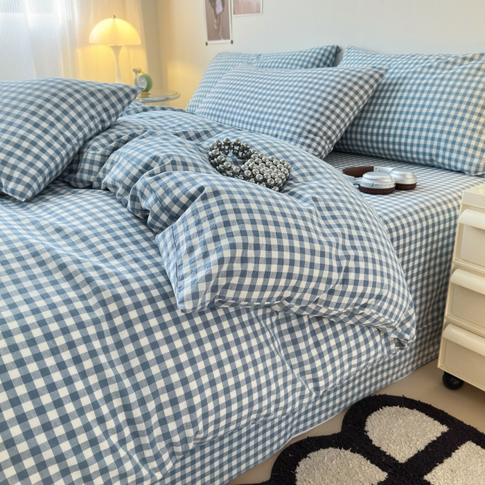 91家纺网 家纺一手货源 找家纺 清雅福 2025新款全棉A类水洗棉单枕套 蓝小格