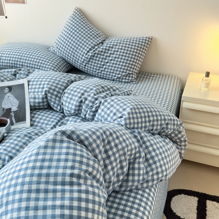 91家纺网 家纺一手货源 找家纺 清雅福 2024新款全棉A类水洗棉四件套单被套 蓝小格