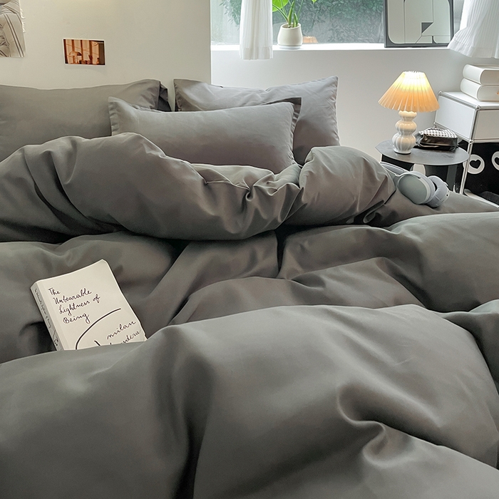 91家纺网 家纺一手货源 找家纺 米粒  2024新款纯色简约双拼磨毛四件套 高级灰