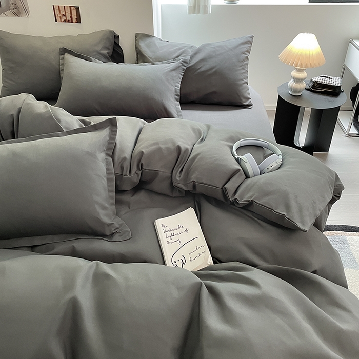 91家纺网 家纺一手货源 找家纺 米粒  2024新款纯色简约双拼磨毛四件套 高级灰