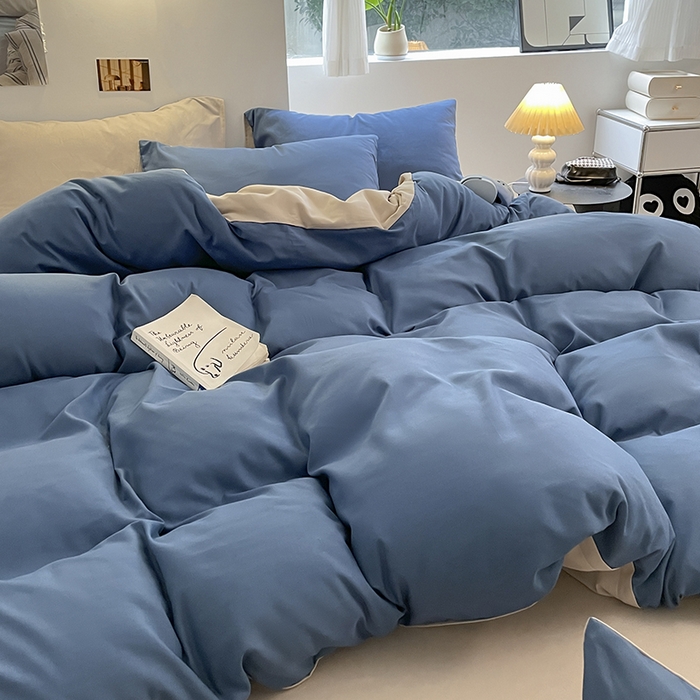 91家纺网 家纺一手货源 找家纺 米粒  2024新款纯色简约双拼磨毛四件套 宝蓝+大麦灰