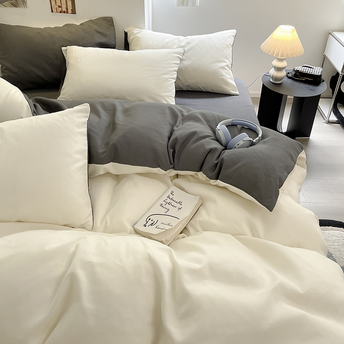 91家纺网 家纺一手货源 找家纺 米粒  2024新款纯色简约双拼磨毛四件套 白+灰