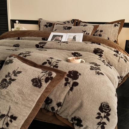 丝印良品 2024秋冬新款丹麦绒宽边牛奶绒四件套 宽边兔绒-玫瑰咖