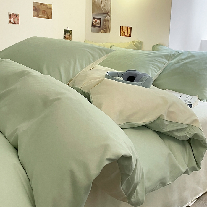 91家纺网 家纺一手货源 找家纺 米粒  2024新款纯色简约双拼磨毛四件套 水绿+奶白