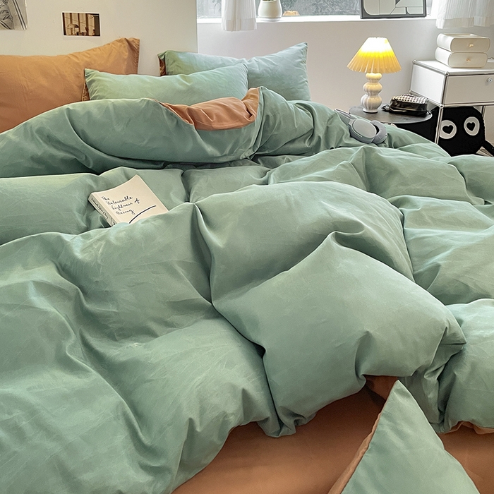 91家纺网 家纺一手货源 找家纺 米粒  2024新款纯色简约双拼磨毛四件套 薄荷+甜曲奇