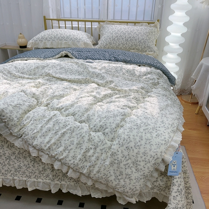 91家纺网 家纺一手货源 找家纺 韩版纯棉豆豆被床盖四件套春秋被加厚冬被同款纯棉被套砂洗棉花床盖三件套四季通用 清风