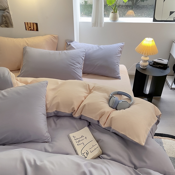 91家纺网 家纺一手货源 找家纺 米粒  2024新款纯色简约双拼磨毛四件套 紫+粉雨