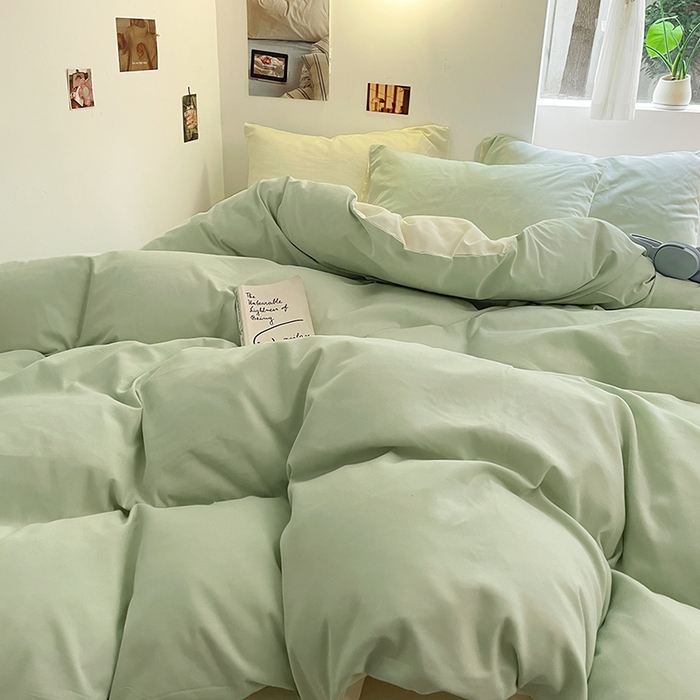 91家纺网 家纺一手货源 找家纺 米粒  2024新款纯色简约双拼磨毛四件套 水绿+奶白