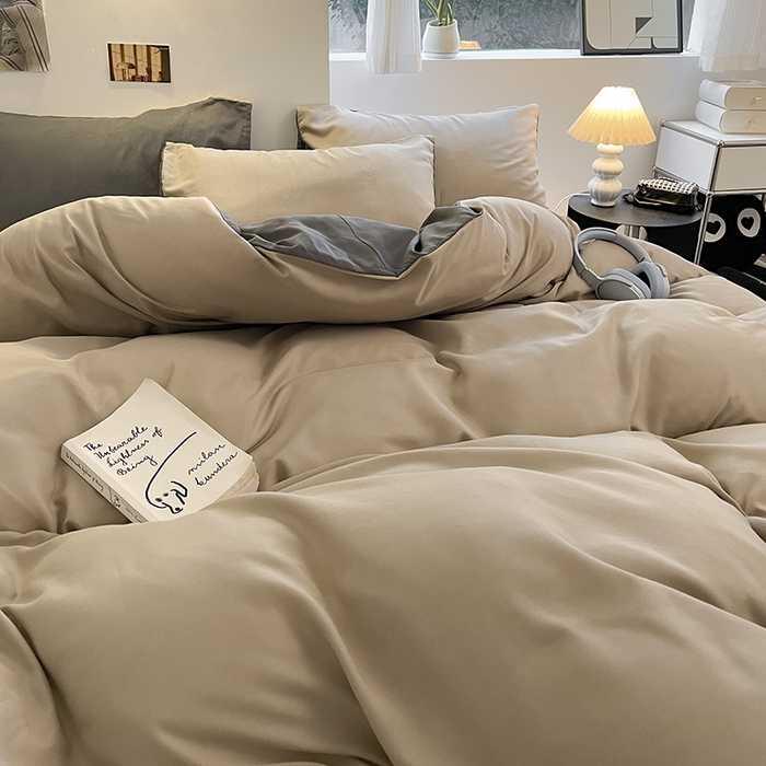 91家纺网 家纺一手货源 找家纺 米粒  2024新款纯色简约双拼磨毛四件套 咖+深灰