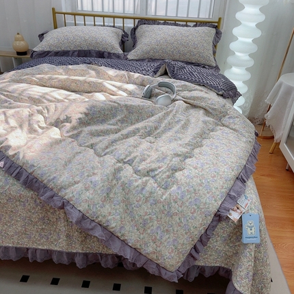 韩版纯棉豆豆被床盖四件套春秋被加厚冬被同款纯棉被套砂洗棉花床盖三件套四季通用 紫韵