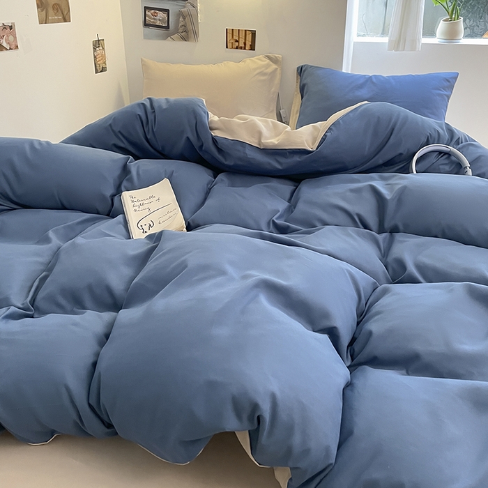 91家纺网 家纺一手货源 找家纺 米粒  2024新款纯色简约双拼磨毛四件套 宝蓝+大麦灰