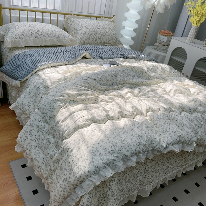 91家纺网 家纺一手货源 找家纺 韩版纯棉豆豆被床盖四件套春秋被加厚冬被同款纯棉被套砂洗棉花床盖三件套四季通用 清风