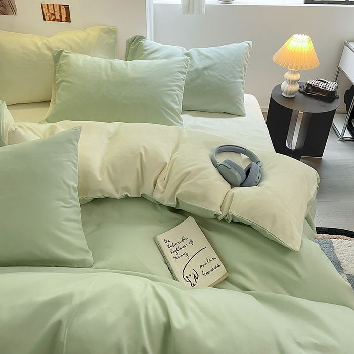 91家纺网 家纺一手货源 找家纺 米粒  2024新款纯色简约双拼磨毛四件套 水绿+奶白