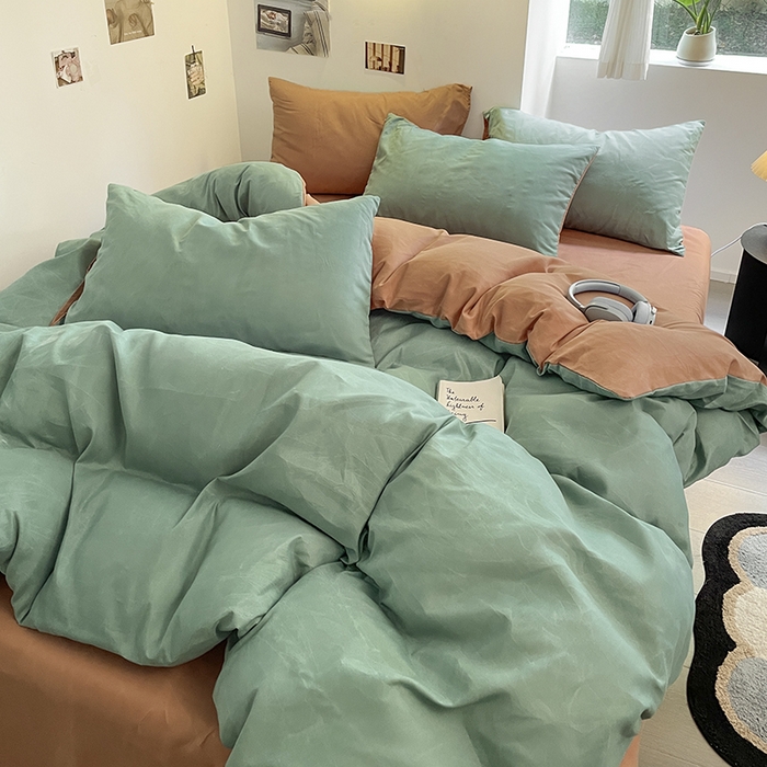 91家纺网 家纺一手货源 找家纺 米粒  2024新款纯色简约双拼磨毛四件套 薄荷+甜曲奇