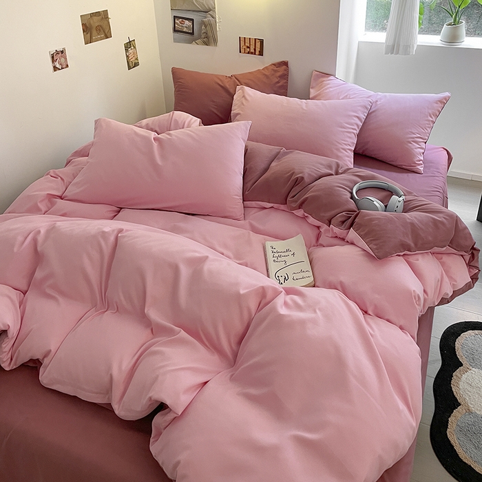 91家纺网 家纺一手货源 找家纺 米粒  2024新款纯色简约双拼磨毛四件套 粉+豆沙