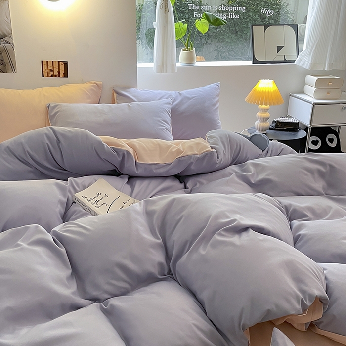 91家纺网 家纺一手货源 找家纺 米粒  2024新款纯色简约双拼磨毛四件套 紫+粉雨