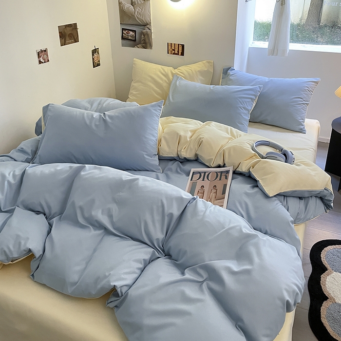 91家纺网 家纺一手货源 找家纺 米粒  2024新款纯色简约双拼磨毛四件套 蓝+奶黄