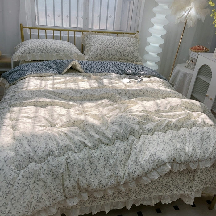 91家纺网 家纺一手货源 找家纺 韩版纯棉豆豆被床盖四件套春秋被加厚冬被同款纯棉被套砂洗棉花床盖三件套四季通用 清风