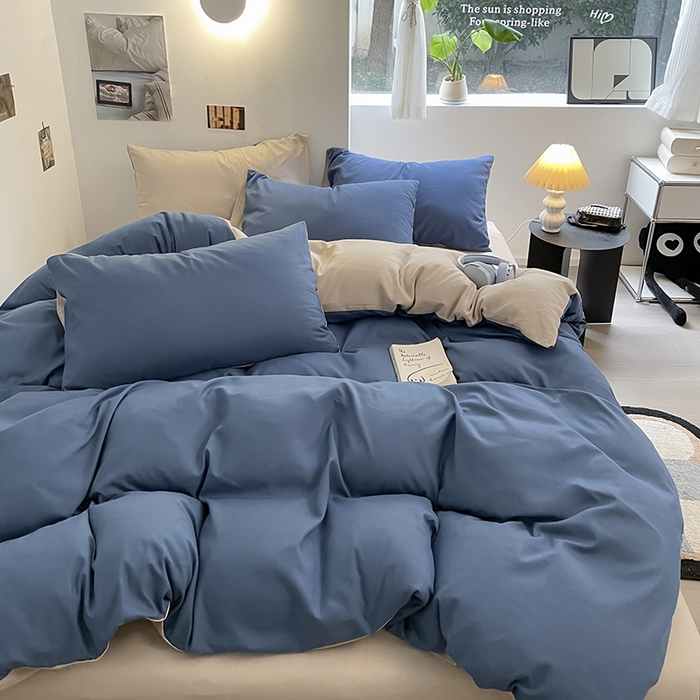 91家纺网 家纺一手货源 找家纺 米粒  2024新款纯色简约双拼磨毛四件套 宝蓝+大麦灰