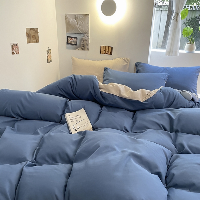 91家纺网 家纺一手货源 找家纺 米粒  2024新款纯色简约双拼磨毛四件套 宝蓝+大麦灰