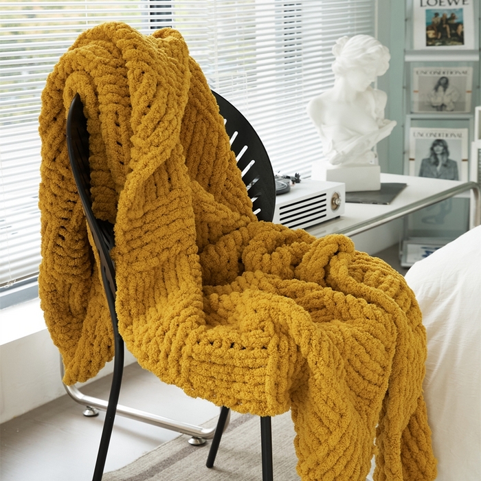 91家纺网 家纺一手货源 找家纺 暖绵绵 2025新款雪尼尔毛毯-思摩尔（小格子） 思摩尔-姜黄