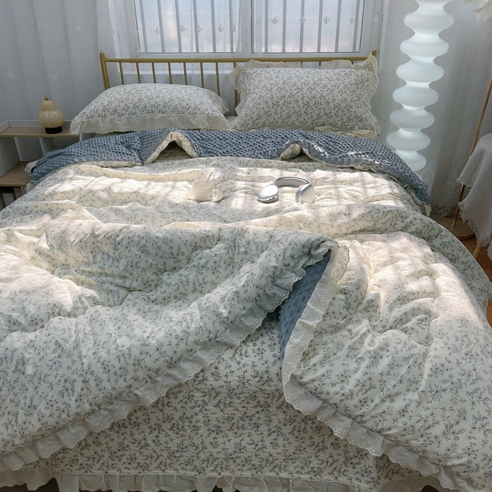 91家纺网 家纺一手货源 找家纺 韩版纯棉豆豆被床盖四件套春秋被加厚冬被同款纯棉被套砂洗棉花床盖三件套四季通用 清风