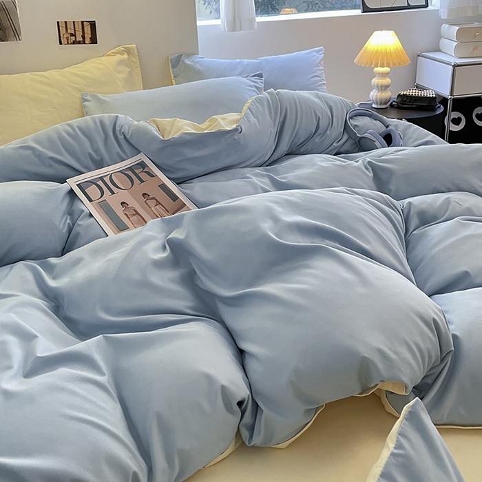 91家纺网 家纺一手货源 找家纺 米粒  2024新款纯色简约双拼磨毛四件套 蓝+奶黄