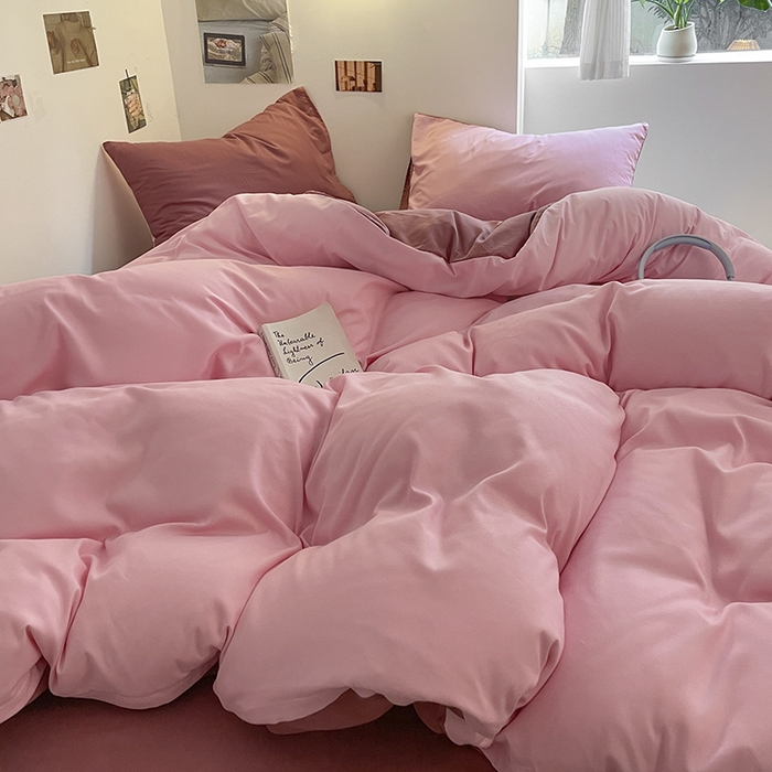 91家纺网 家纺一手货源 找家纺 米粒  2024新款纯色简约双拼磨毛四件套 粉+豆沙