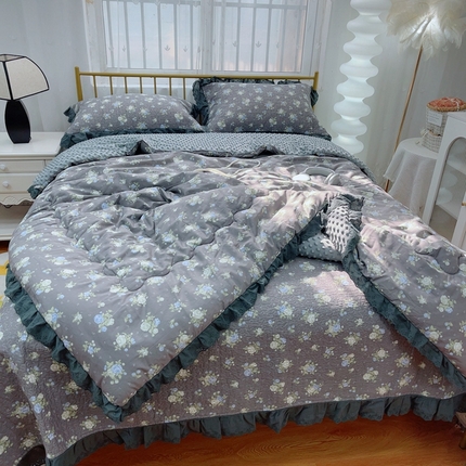 韩版纯棉豆豆被床盖四件套春秋被加厚冬被同款纯棉被套砂洗棉花床盖三件套四季通用 微横