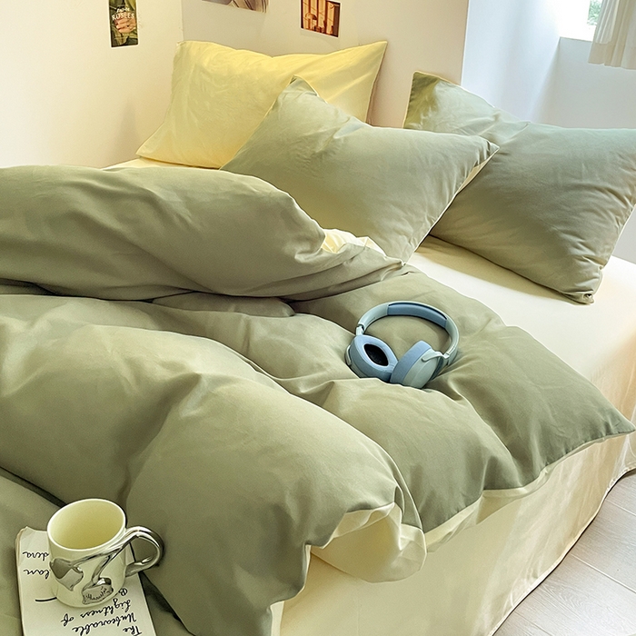 91家纺网 家纺一手货源 找家纺 米粒  2024新款纯色简约双拼磨毛四件套 抹茶+奶黄