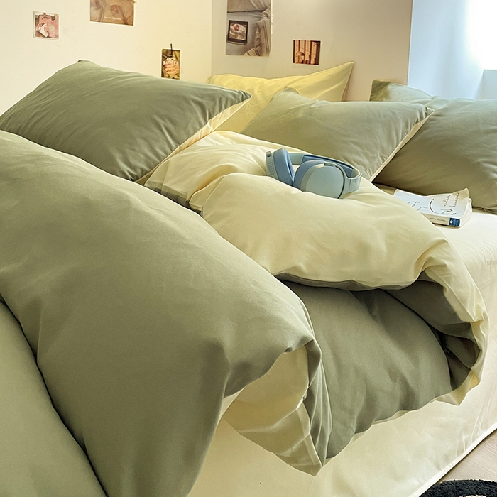 91家纺网 家纺一手货源 找家纺 米粒  2024新款纯色简约双拼磨毛四件套 抹茶+奶黄