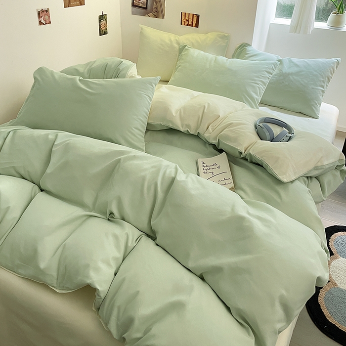 91家纺网 家纺一手货源 找家纺 米粒  2024新款纯色简约双拼磨毛四件套 水绿+奶白