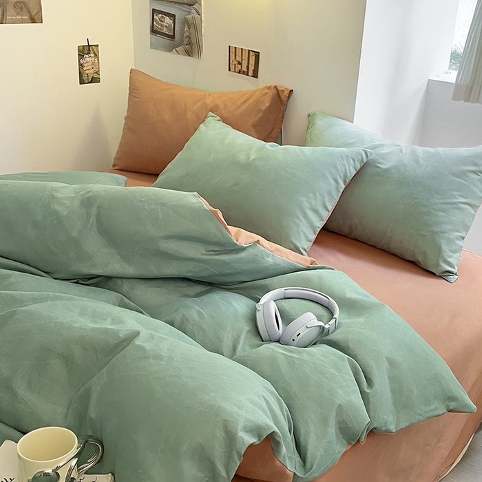 91家纺网 家纺一手货源 找家纺 米粒  2024新款纯色简约双拼磨毛四件套 薄荷+甜曲奇